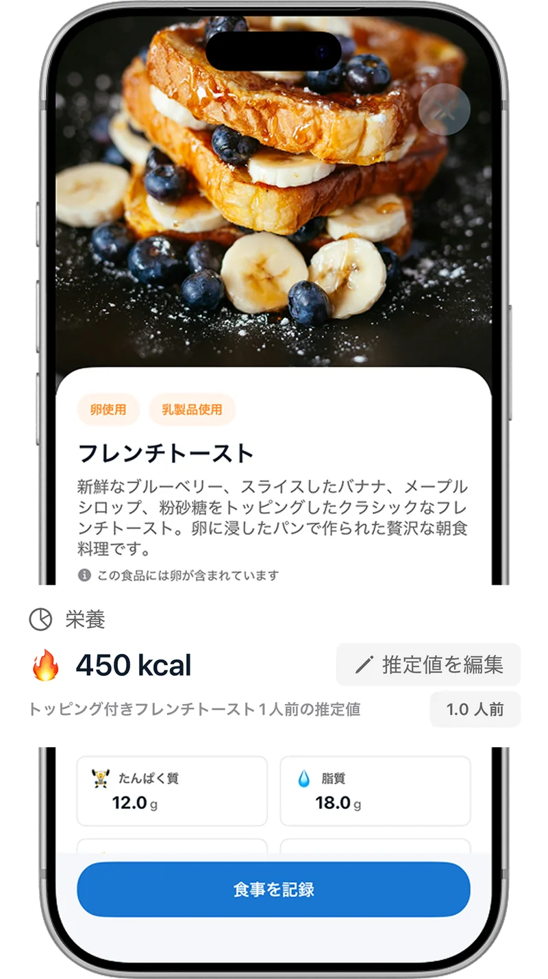 CanIEatが撮影した食事のカロリーとPFCバランスを表示している画面
